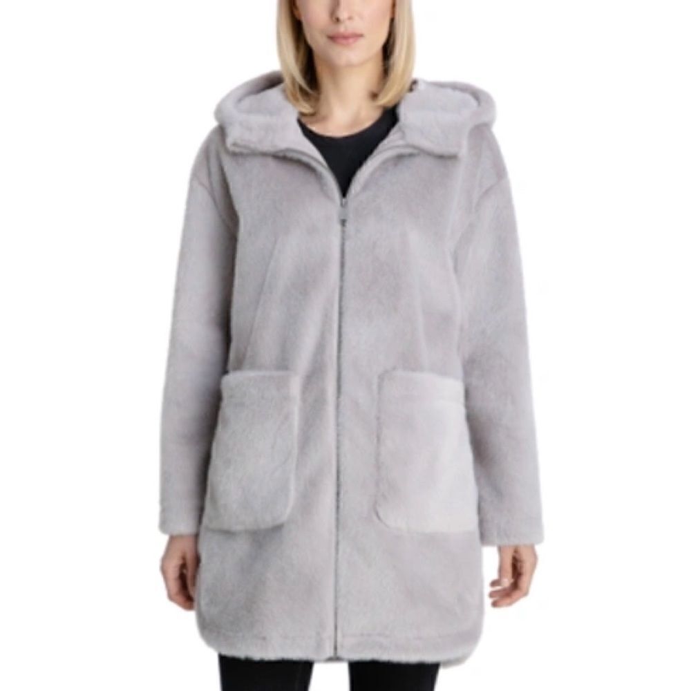 BCBGeneration Womens Hooded Faux-Fur Coat Gray Haze Small NWT